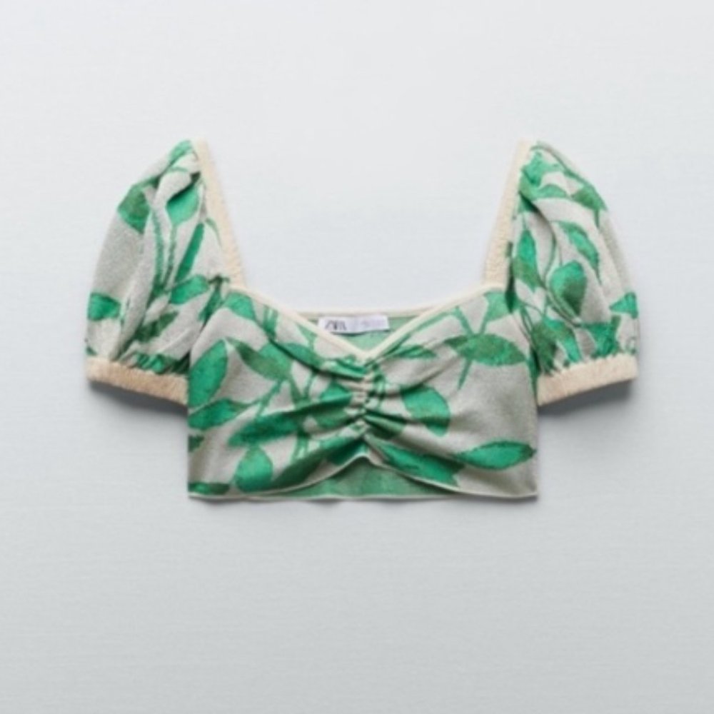 Zara Green Leaf Pattern Knit Crop Top (size US l)